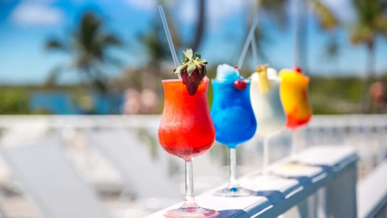 Tropical cocktails at the beach bar, Pearl Island Bahamas