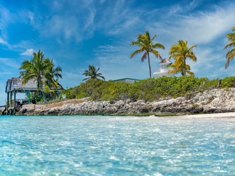 Shoreline, dock and lighthouse among the palms, Pearl Island Bahamas