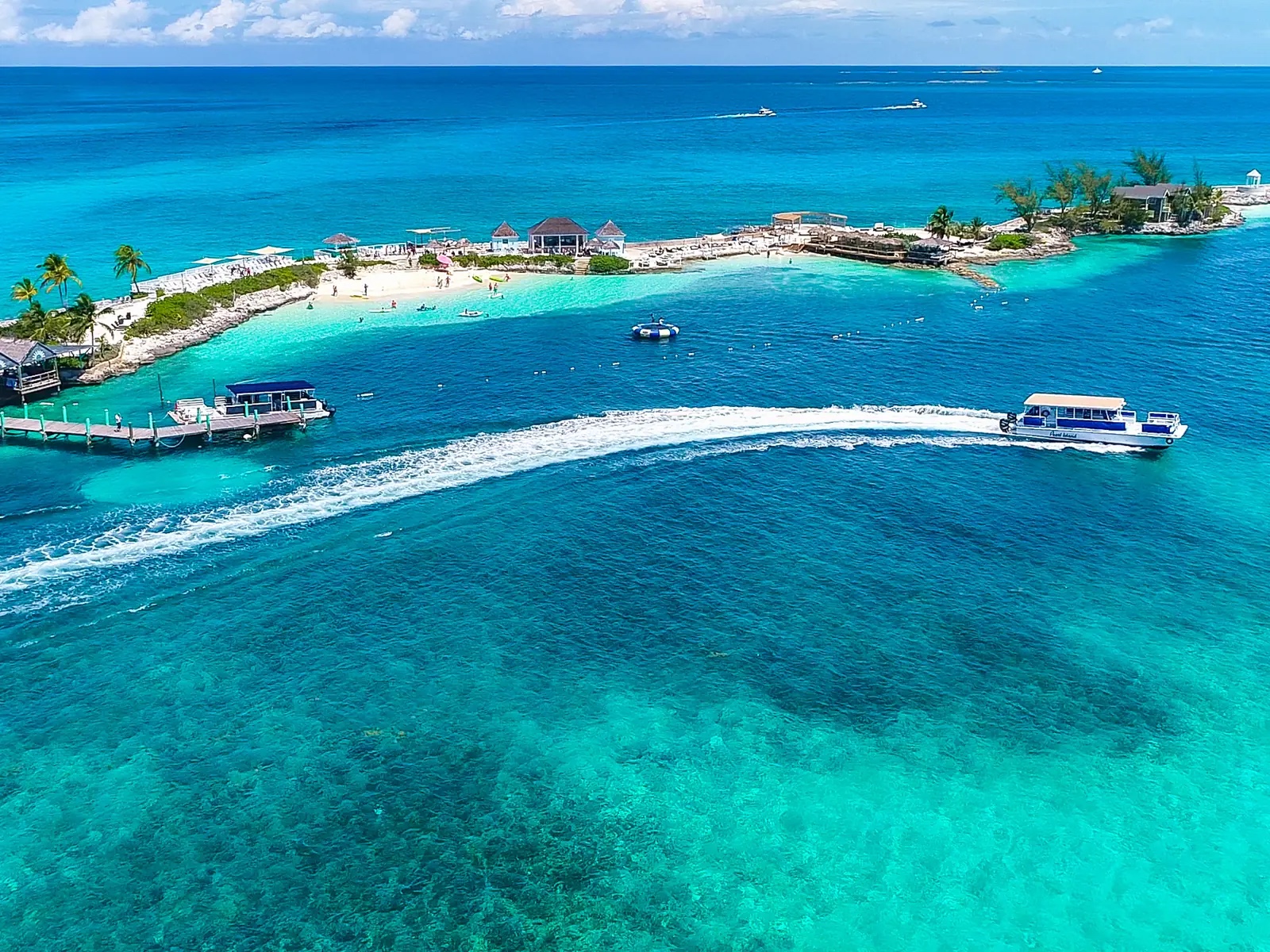 Aerial view of the ferry arriving at the island dock, Pearl Island Bahamas
