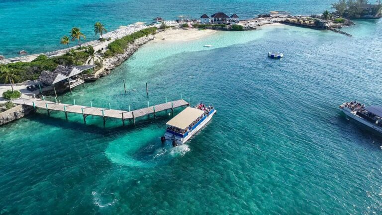The catamaran arriving at the island dock, Pearl Island Bahamas