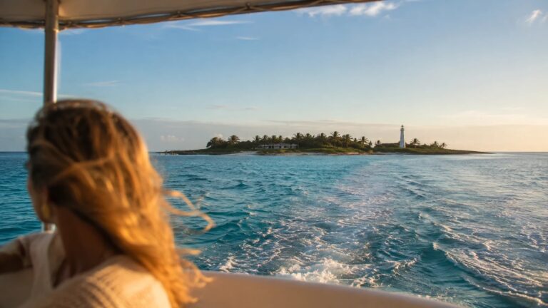 Ferry crossing with the lighthouse at sunset, Pearl Island Bahamas