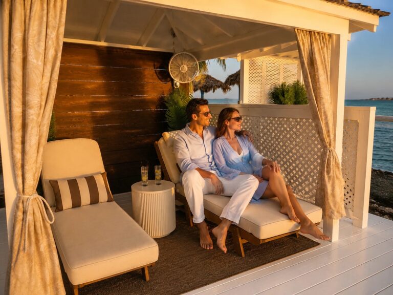 A couple relaxing on a beach cabana at sunset, Pearl Island Bahamas