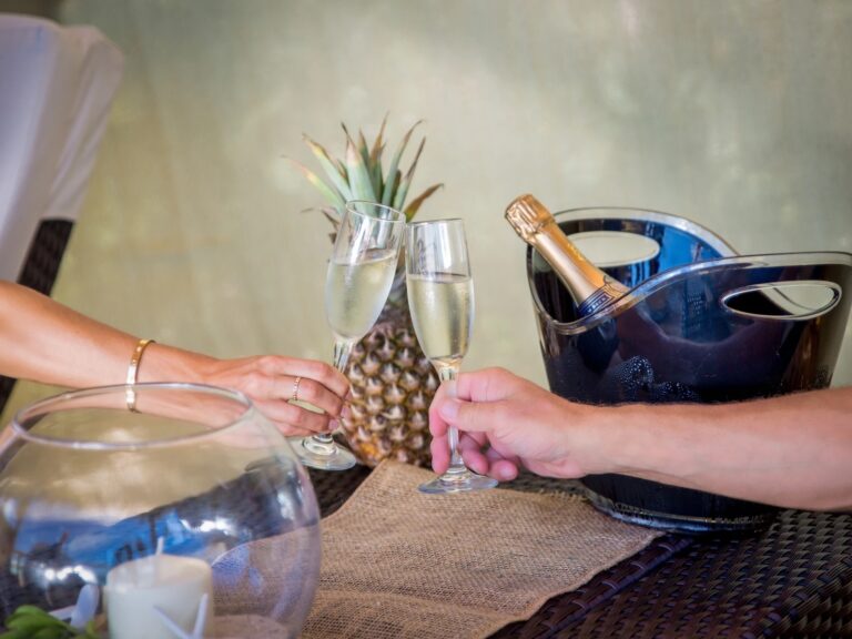 Sparkling wine served on a cabana deck, Pearl Island Bahamas