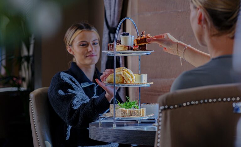 Afternoon tea for two in the candlelit restaurant, Peckforton Castle