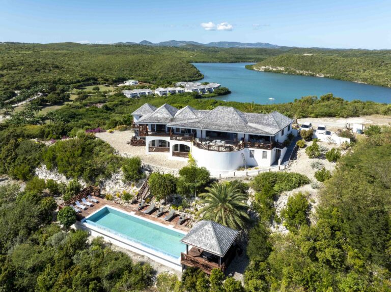 Aerial view of the villa and pool with the bay and inlet behind, Perfect Sunshine Antigua