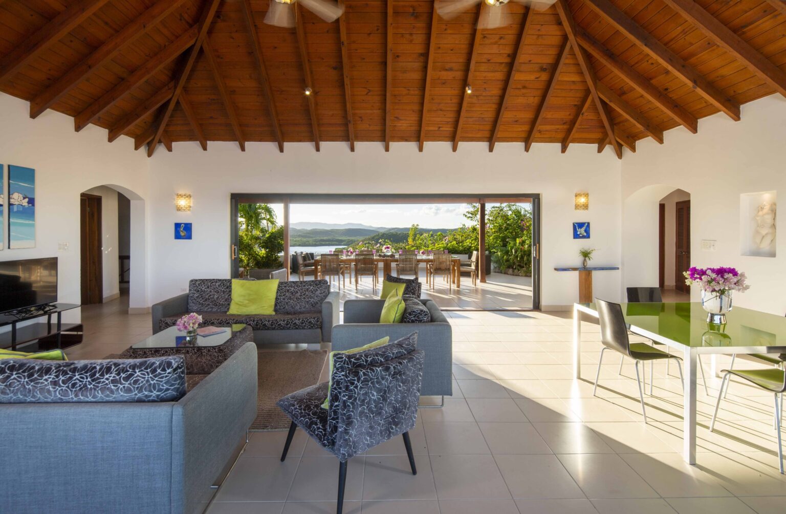 The living room, with the sliding doors open to the veranda