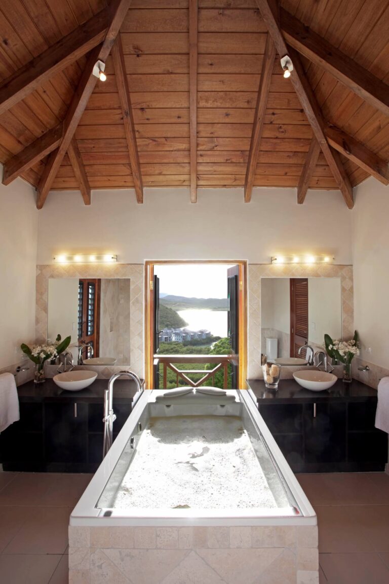 Bathroom with a tub and double basins under a timber ceiling, Perfect Sunshine Antigua