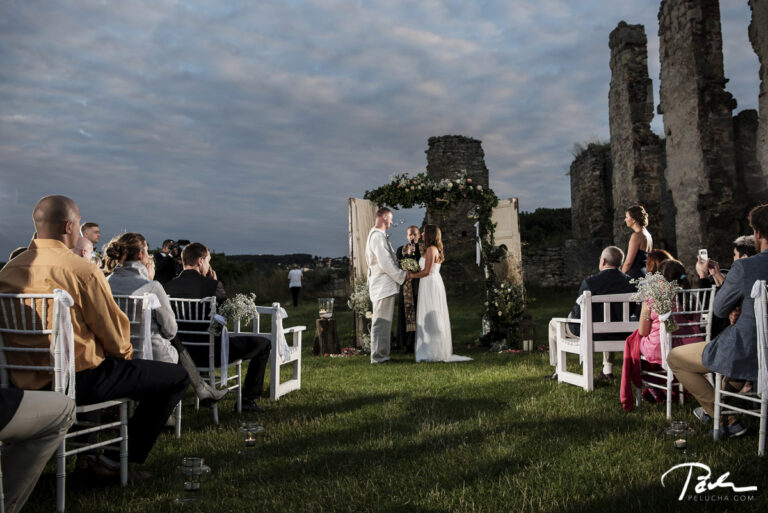Evening outdoor ceremony beside castle ruins, Czech Republic, Petr Pelucha Photography