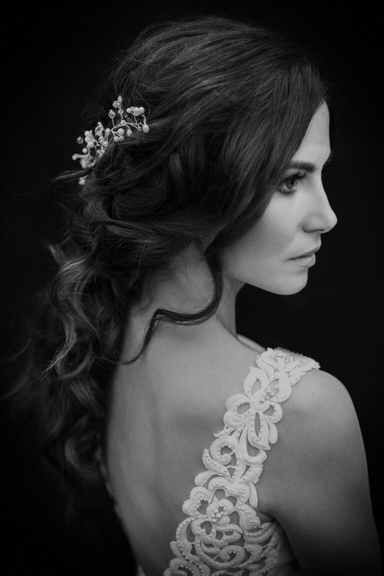 Black and white profile of the bride with hair detail, Petr Pelucha Photography