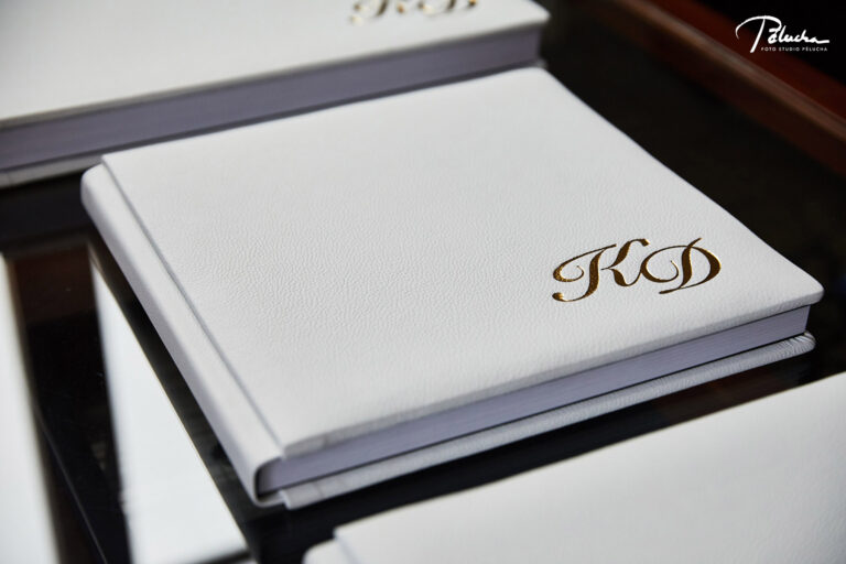 Monogrammed white wedding album, Petr Pelucha Photography