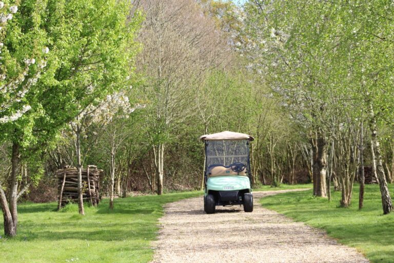 The estate's electric golf buggy on a gravel drive through blossoming woodland, Pinkmead Estate