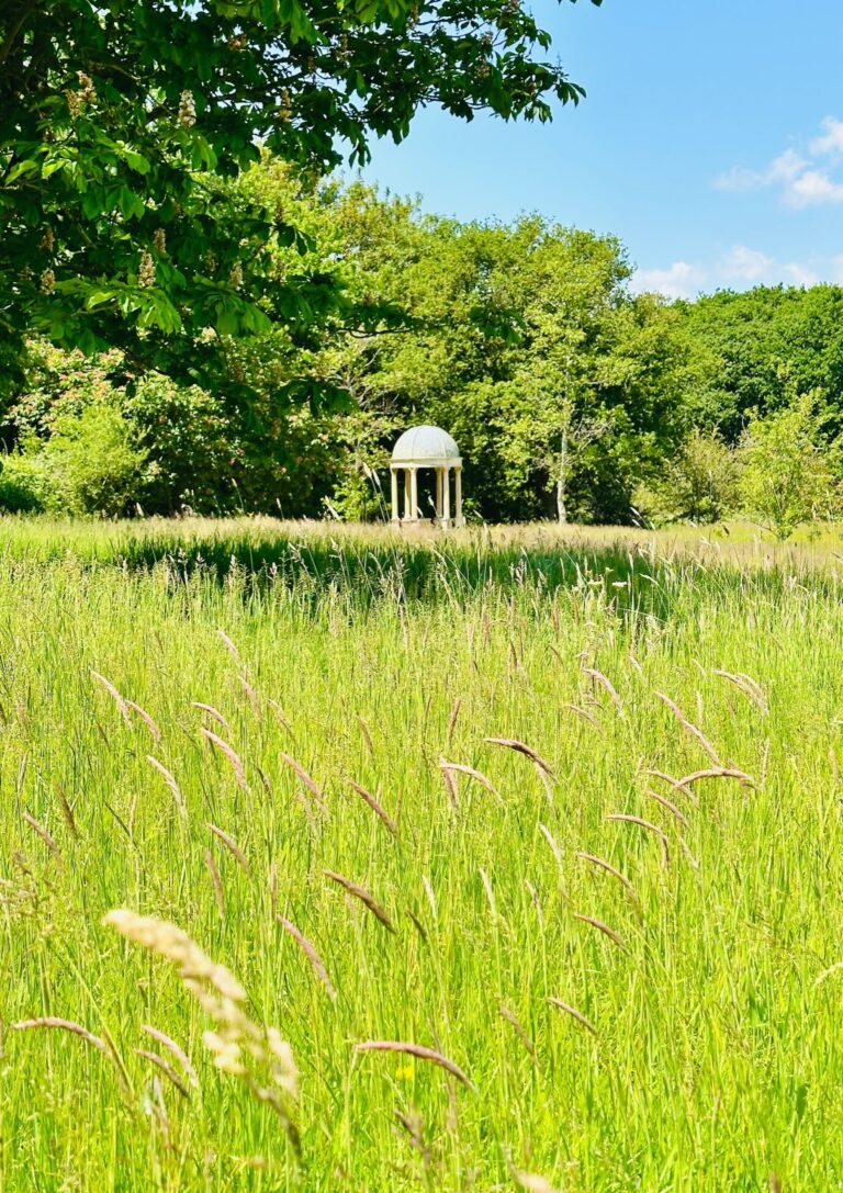 The small domed temple seen across a summer meadow of long grass, backed by trees, Pinkmead Estate