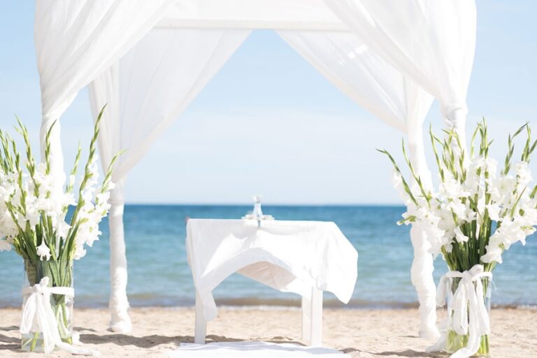 A ceremony set on the beach, over the sea, Pura Vida Beach Ibiza