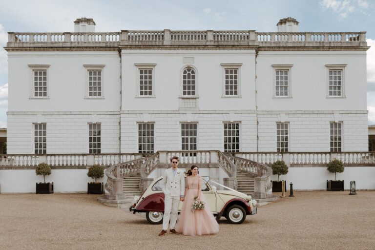A couple and a vintage car in front of the Queen's House, Queen's House