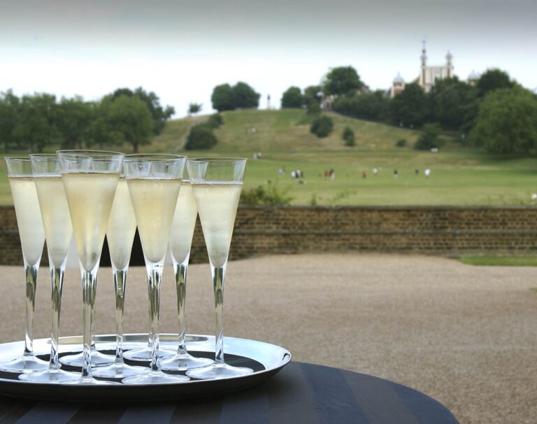 Champagne on the south lawn with the Royal Observatory behind, Queen's House