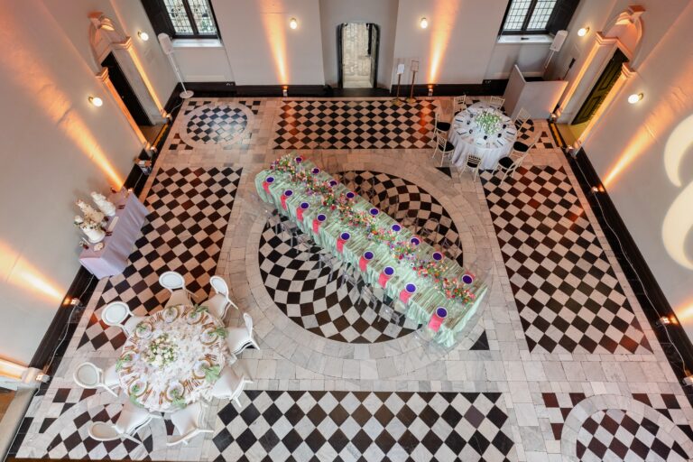 A tablescape on the Great Hall floor at a wedding showcase, Queen's House