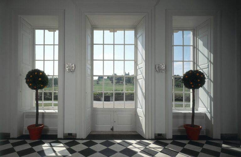 Tall windows over Greenwich Park above the chequered floor, Queen's House
