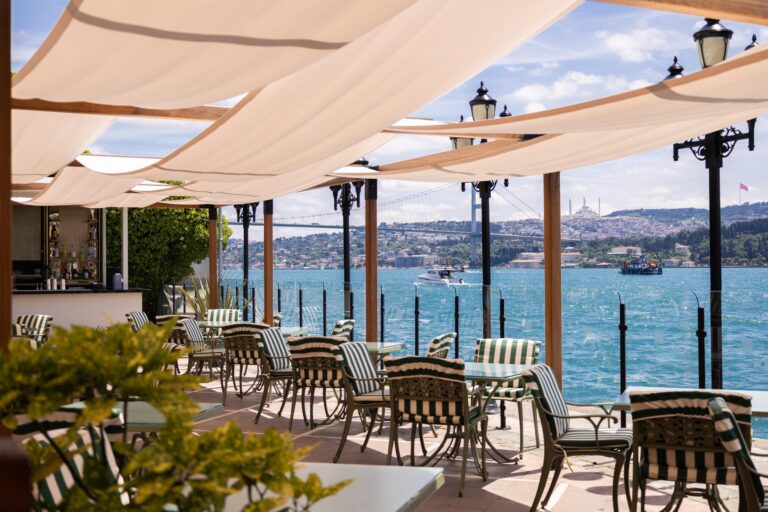 Waterside terrace with seating on the Bosphorus, Çırağan Palace Kempinski Istanbul