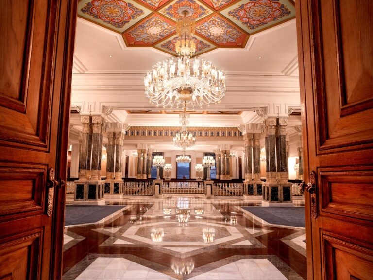 Ballroom with chandeliers seen through open doors, Çırağan Palace Kempinski Istanbul