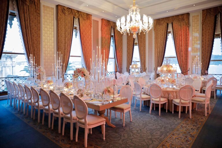 Long banquet table set beneath chandeliers, Çırağan Palace Kempinski Istanbul
