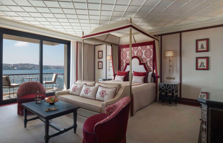 Bedroom with a four-poster bed and a Bosphorus balcony, Çırağan Palace Kempinski Istanbul