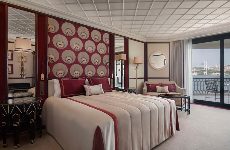Bedroom with patterned headboard, Çırağan Palace Kempinski Istanbul