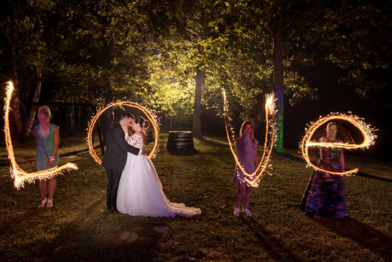 Sparklers spelling LOVE around a couple at night, Reflexion Studio