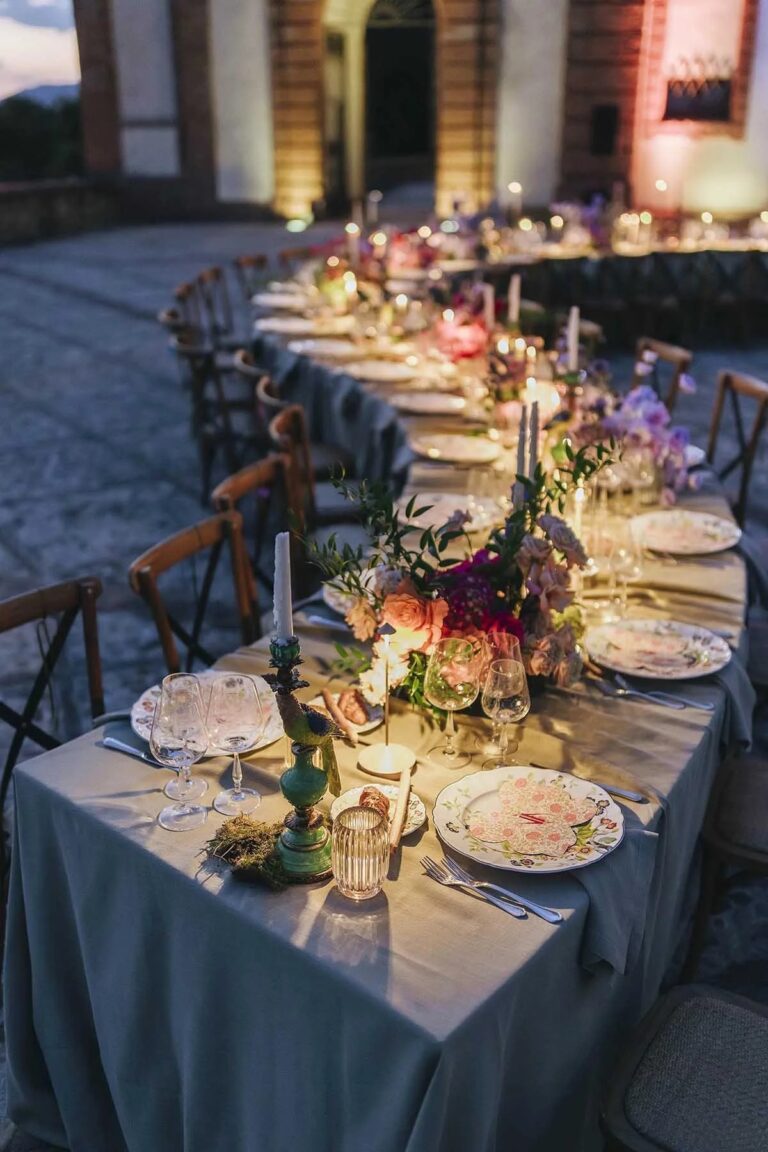 Candlelit dinner table at Castello di Solfagnano, Umbria, Rellini Art Studio