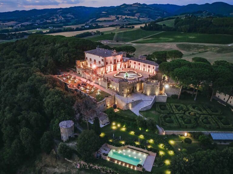 Castello di Solfagnano from the air by night, Umbria, Rellini Art Studio