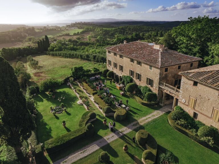 Borgo Stomennano and its gardens from the air, Tuscany, Rellini Art Studio
