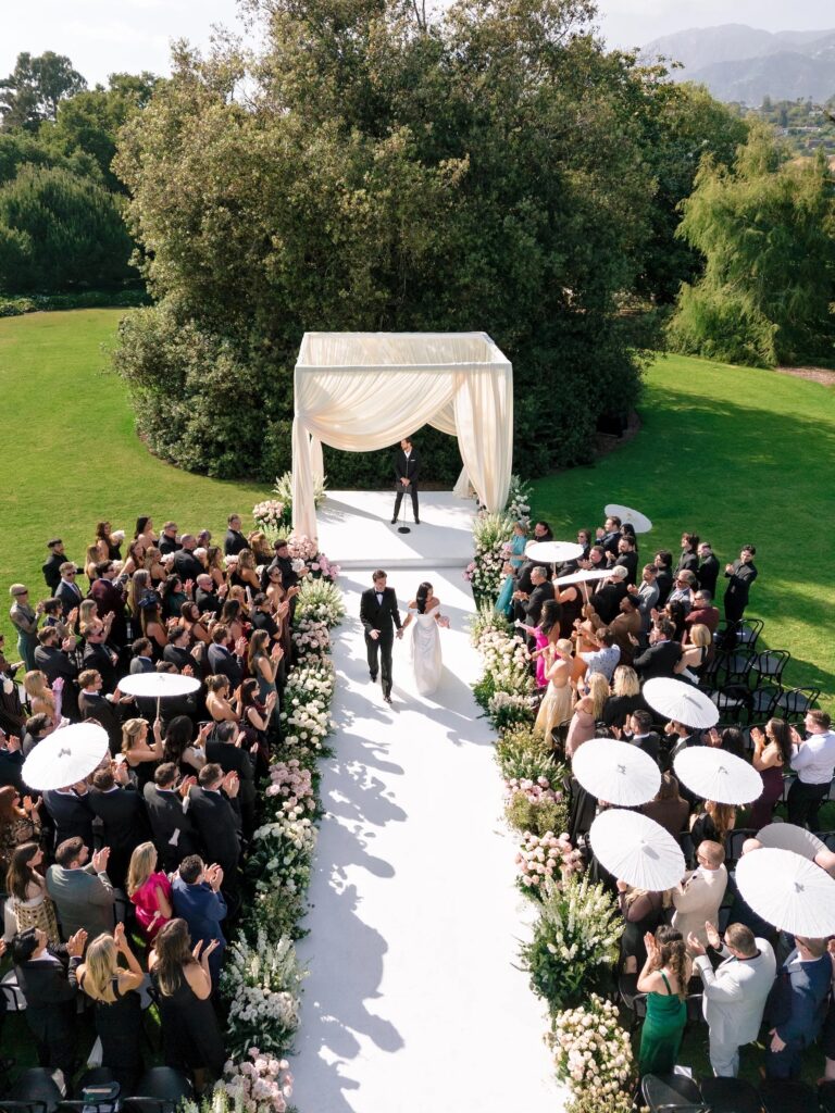 Aerial view of the draped ceremony aisle and guests, Santa Barbara, Revelry Event Designers