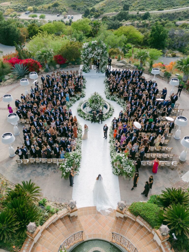 Aerial view of the ceremony aisle and guests, California garden estate, Revelry Event Designers