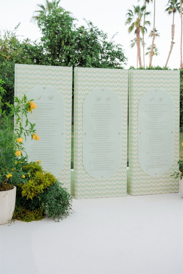 Mint panelled seating chart in the garden, Palm Springs, Revelry Event Designers