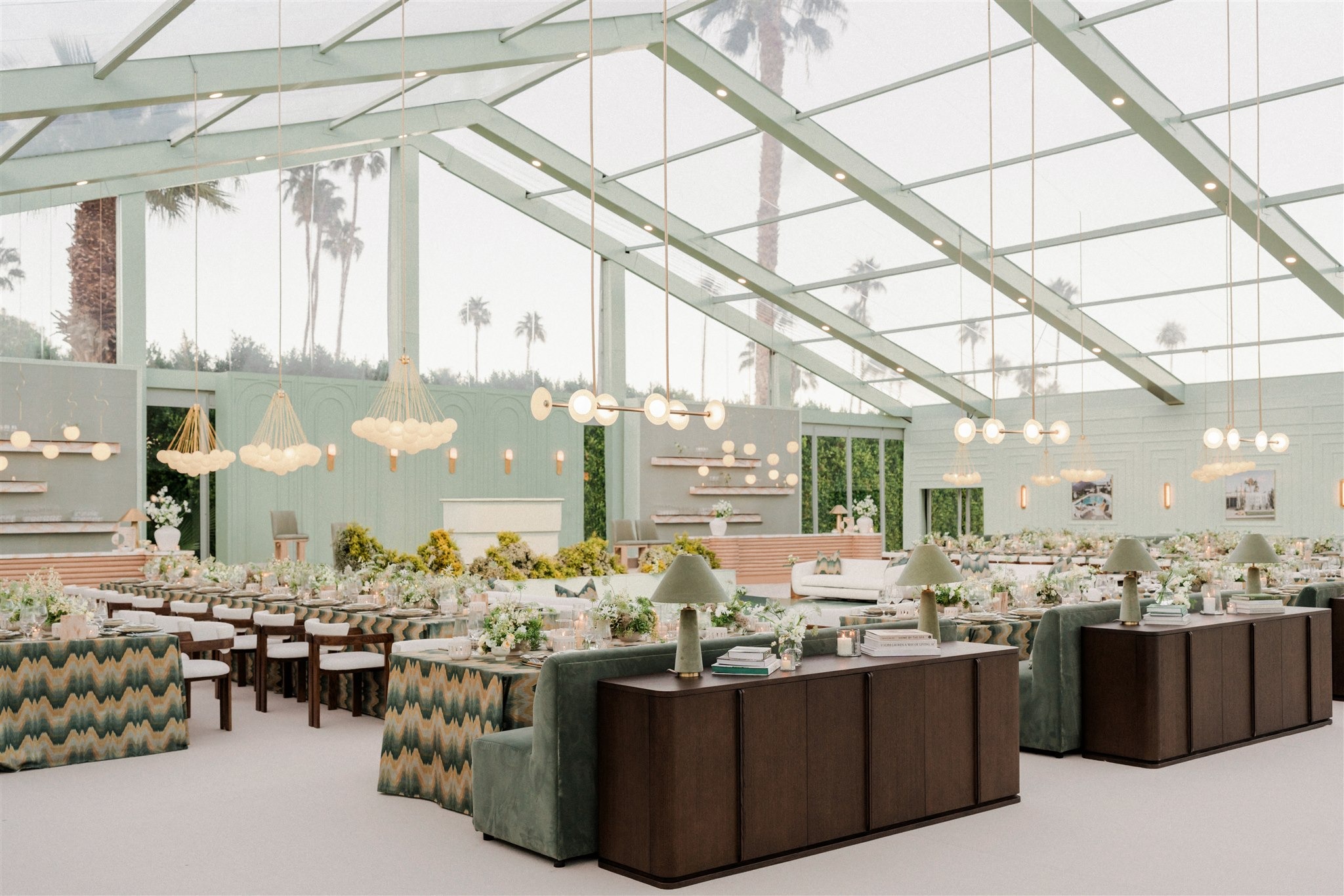 Reception pavilion with long tables and sage and olive linens, Palm Springs, Revelry Event Designers