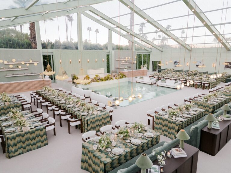 Aerial view of the reception tent with a pool-effect dance floor, Palm Springs, Revelry Event Designers