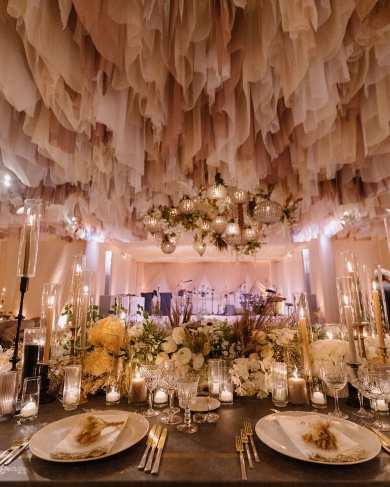 Ceiling of hand-gathered fabric over the reception, Pelican Hill, Revelry Event Designers
