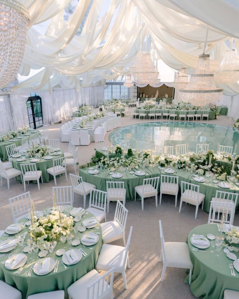 Tented reception with a pale dance floor and sage tables, Malibu, Revelry Event Designers