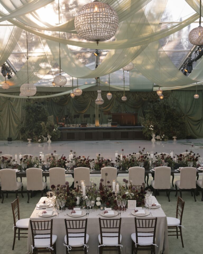 Clear-roofed tent with draped velvet walls and chandeliers, Aspen, Revelry Event Designers