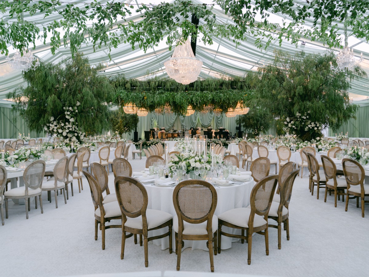 Reception tent with chandeliers and greenery canopy, California garden estate, Revelry Event Designers