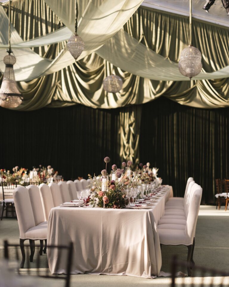 Long reception table under draped silk, Aspen, Revelry Event Designers