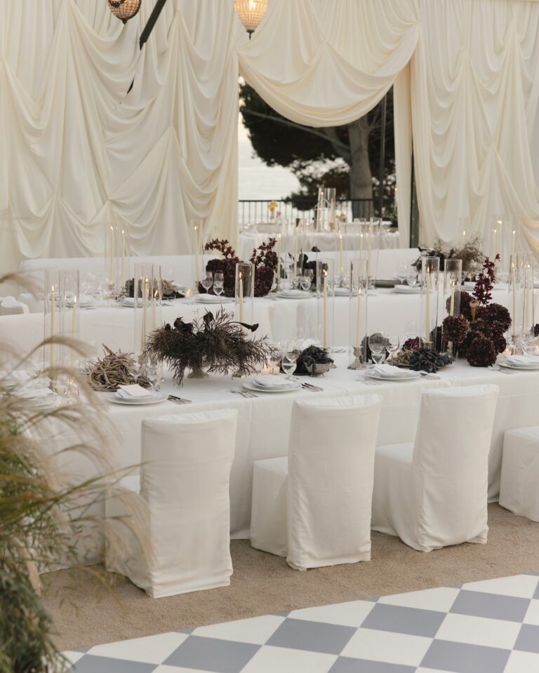 Long reception table beneath white draping, Santa Barbara, Revelry Event Designers