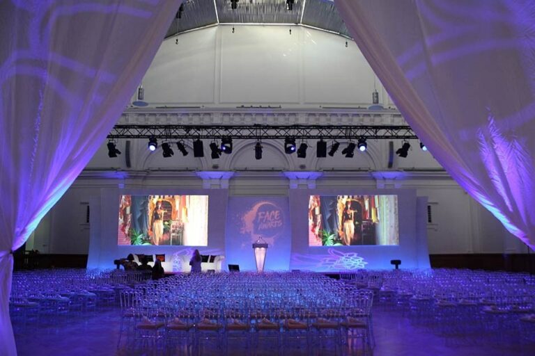 Lindley Hall dressed with drapes and a stage, The Royal Horticultural Halls, Royal Horticultural Halls, lindley hall draped stage