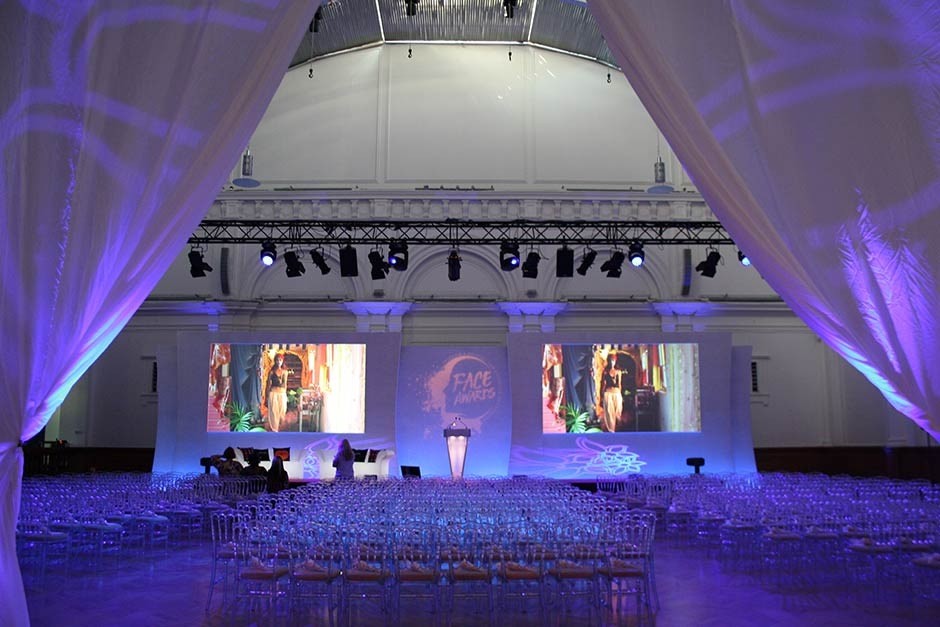 Lindley Hall dressed with drapes and a stage, The Royal Horticultural Halls, Royal Horticultural Halls, lindley hall draped stage