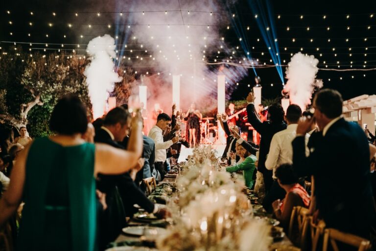 Long reception tables with cold-spark fountains during dinner, Rinaldi Production