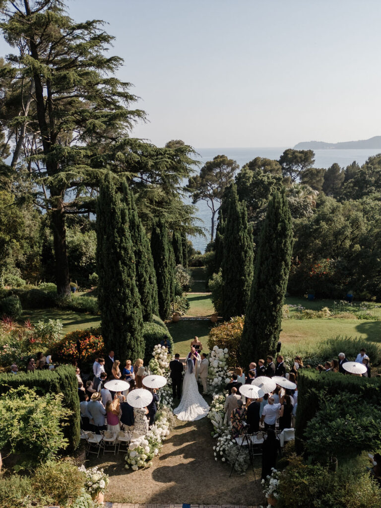 A ceremony in the cypress and pine gardens, seen from above, Rocabella