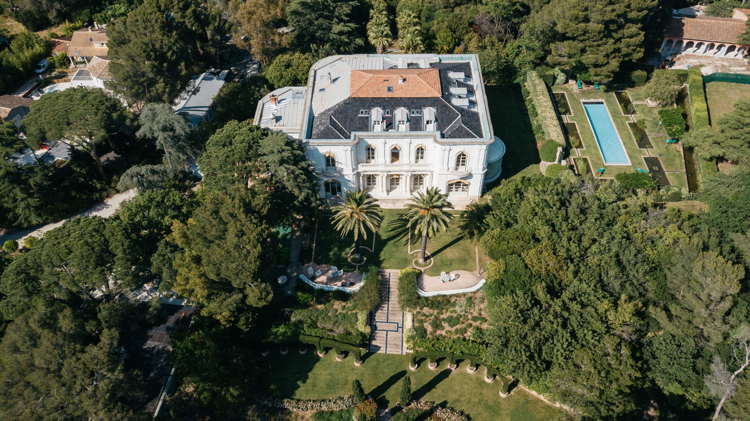 Aerial view of the Rocabella estate and its gardens above the Mediterranean, Rocabella