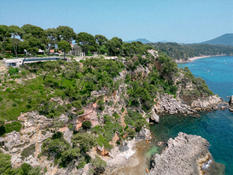The rocky coast and private cove below the estate, Rocabella