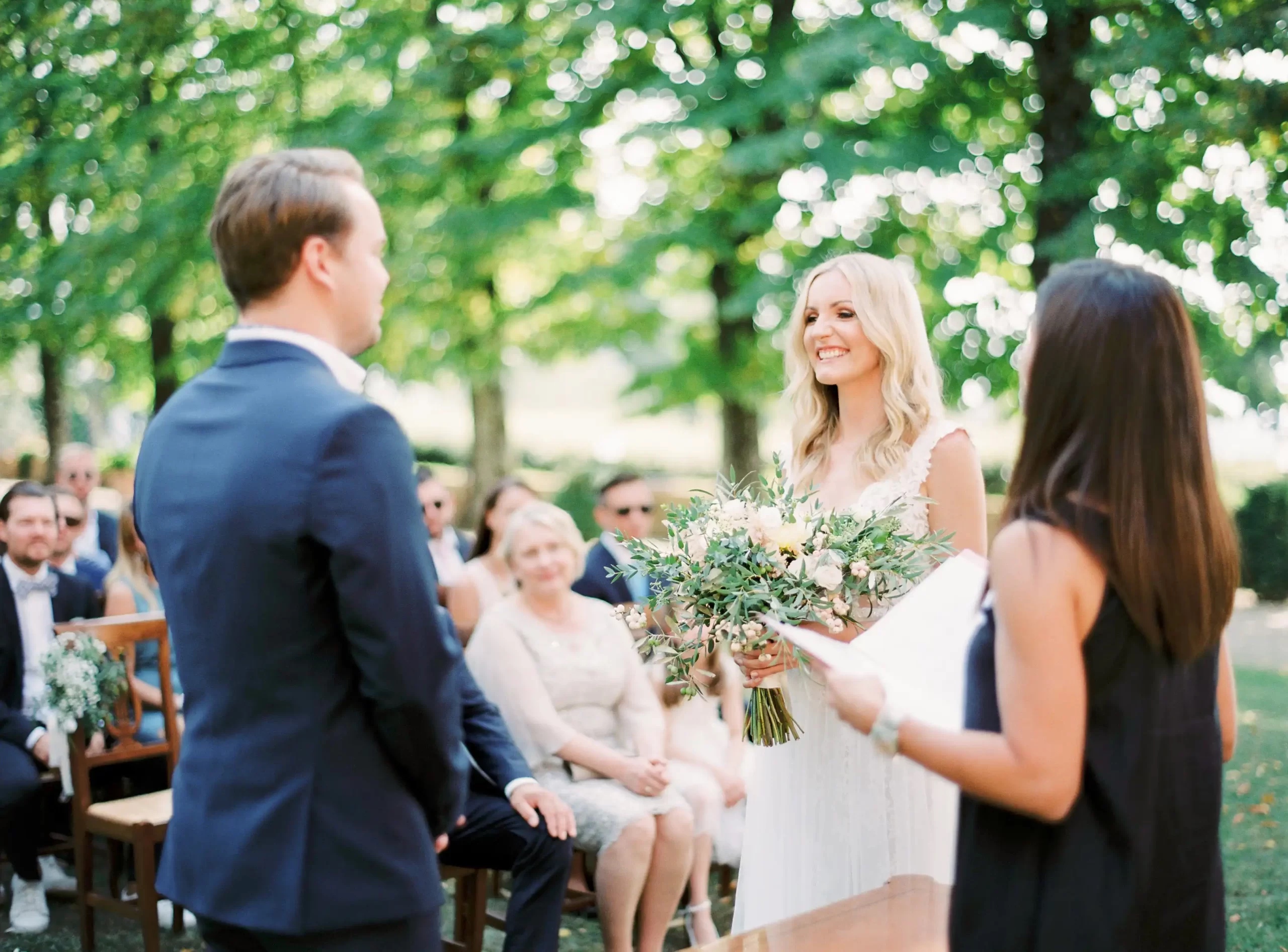 Ivana and Magnus at their outdoor ceremony under the trees, Villa Il Poggiale, Tuscany, Rocco Daniele Photography