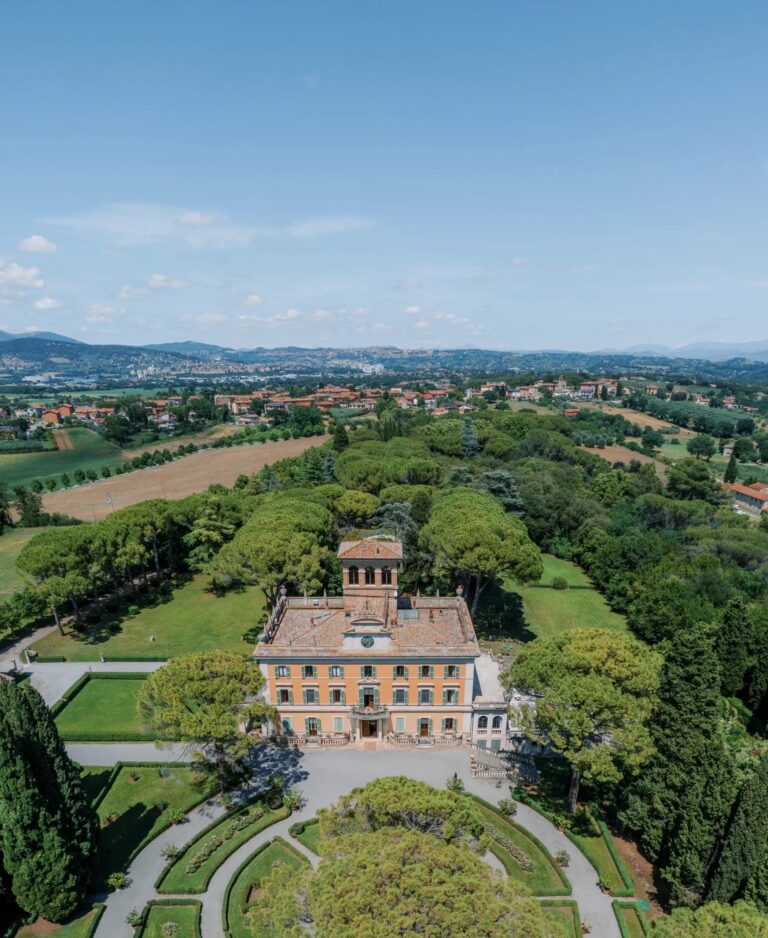 Torre di Pila and its formal gardens from the air, the Umbrian countryside beyond, Rocco Daniele Photography