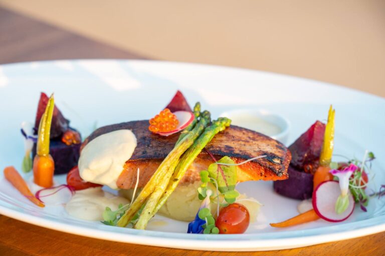Grilled salmon with asparagus, beetroot and a roe garnish, Rocky’s Boutique Resort